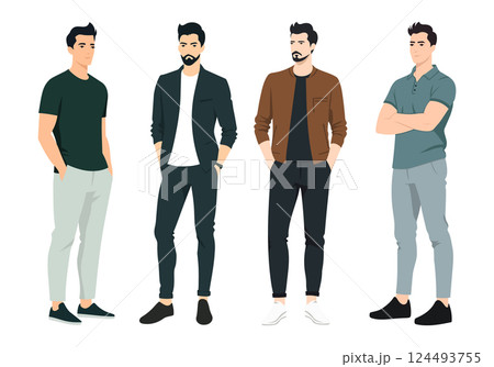 Smart Casual Men s Outfit Ideas. A group of men in smart casual outfits, featuring a mix of blazers, jackets, and casual trousers. 124493755
