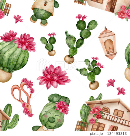 Watercolor pattern with a house, cacti, lanterns and bulbs on a white background in bright green and pink tones. Ideal for postcards and greetings. The illustration is suitable for decorating clothes. 124493818