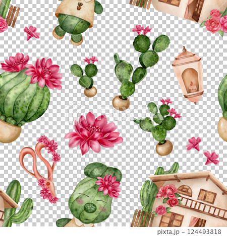 Watercolor pattern with a house, cacti, lanterns and bulbs on a white background in bright green and pink tones. Ideal for postcards and greetings. The illustration is suitable for decorating clothes. 124493818