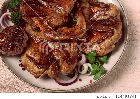 fried, quail meat, tobacco (tapaka), with spices, homemade, no people, 124493841