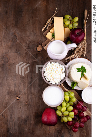 Judaic holiday Shavuot concept. Tzfat cheese and dairy products 124493994