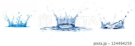 Beautiful set of water splashes isolated on white. Macro photography. Beautiful set of water splashes isolated on white. Macro photography. 124494259
