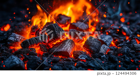 Burning charcoal with flames on black background 124494306