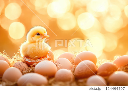Small yellow chick peeks out from its cracked egg 124494307