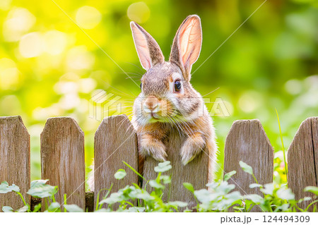 Rabbit peeking over fence with blurred green nature background 124494309