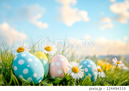 Easter landscape with colorful eggs, green grass, daisy flowers and blue sky 124494310