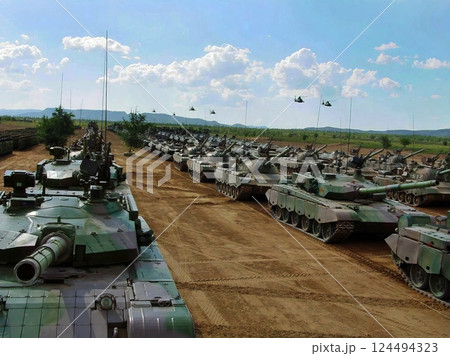 Massive Tank Formation with Helicopter Support Massive Tank Formation with Helicopter Support 124494323