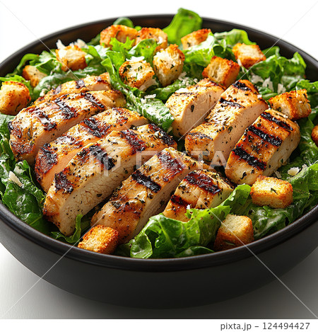 A delectable chicken caesar salad features grilled chicken, romaine, parmesan and croutons. 124494427