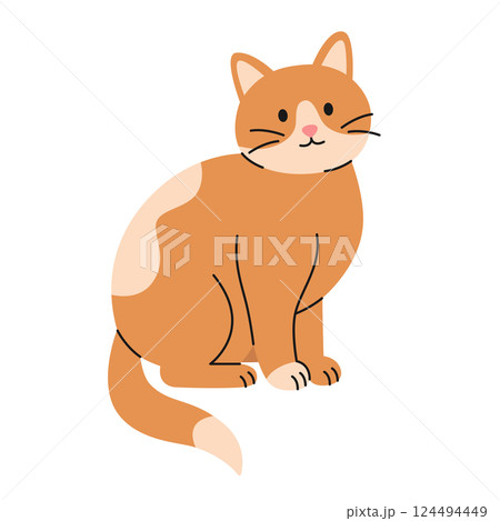 Cute spotted ginger cat sitting on white background. Isolated orange kitten. Adorable pet. Domestic animal in simple style. Vector flat illustration for pet shop, veterinary clinic 124494449