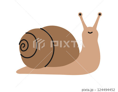 Cute brown smiling snail on white background. Isolated slug with spiral shell. Adorable pet, garden animal in simple style. Domestic or wild mollusk character. Vector flat illustration 124494452