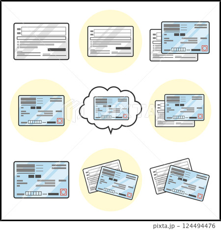 健康保険被保険者証（保険証）表裏両面のイラスト　カラー　ベクター　アイコン　セット　青色 124494476