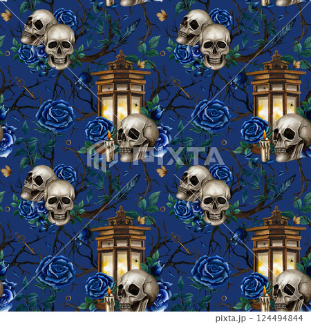 Day of the Dead seamless pattern human skulls, lantern, flowers and dry branches. Watercolor isolated illustration in Gothic style for Halloween on dark blue background. For wrapping paper, packaging Day of the Dead seamless pattern human skulls, lantern, flowers and dry branches. Watercolor isolated illustration in Gothic style for Halloween on dark blue background. For wrapping paper, packaging 124494844