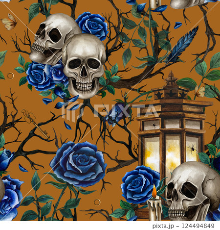 Halloween seamless pattern human skulls, lantern, flowers and dry branches. Watercolor isolated illustration in Gothic style for Day of the Dead on orange background. For wrapping paper, packaging Halloween seamless pattern human skulls, lantern, flowers and dry branches. Watercolor isolated illustration in Gothic style for Day of the Dead on orange background. For wrapping paper, packaging 124494849