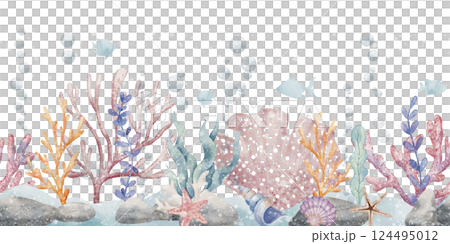 Watercolor illustration of an underwater Seabed with colorful corals, fish, bubbles, and sea plants. Drawing of seamless Pattern with seaweeds for borders or nursery wall art. Art for baby design. 124495012