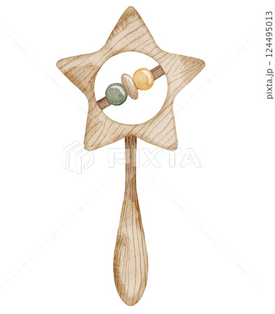 Watercolor illustration of wooden Baby Rattle with a star-shaped frame and beads. Drawing of childish eco Toy for baby shower invitations or newborn party greeting cards. Art for kids design. 124495013