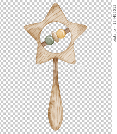 Watercolor illustration of wooden Baby Rattle with a star-shaped frame and beads. Drawing of childish eco Toy for baby shower invitations or newborn party greeting cards. Art for kids design. 124495013