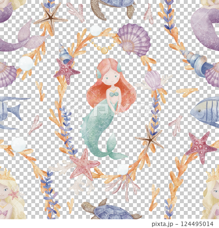 Mermaids seamless Pattern with cute underwater princess and frames of corals and seashells for nursery wallpaper or childish wrapping paper. Illustration of nautical ornament for kids design. 124495014