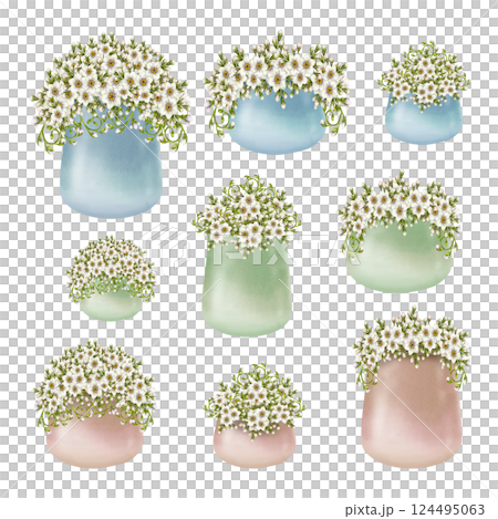 White flowers primroses in blue, green, beige ceramic pots. Watercolor illustration isolated on white. Floral set of foget-me-not in flower pots hand-drawn botanical style for spring design. 124495063
