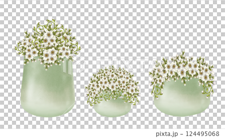 White flowers primroses in green ceramic pots. Watercolor illustration isolated on white. Floral set of foget-me-not, curly green leaves in flower pots hand-drawn botanical style for spring design. 124495068