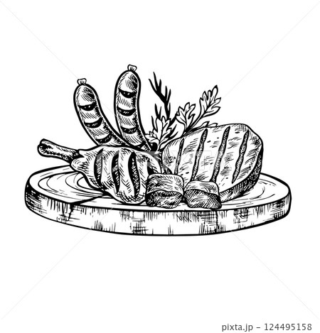 Barbecue and picnic meat on a wooden chopping board. Vector graphics with images of fried meat of various types. Black and white hand-drawn illustration. On a white background. For the menu, poster. Barbecue and picnic meat on a wooden chopping board. Vector graphics with images of fried meat of various types. Black and white hand-drawn illustration. On a white background. For the menu, poster. 124495158