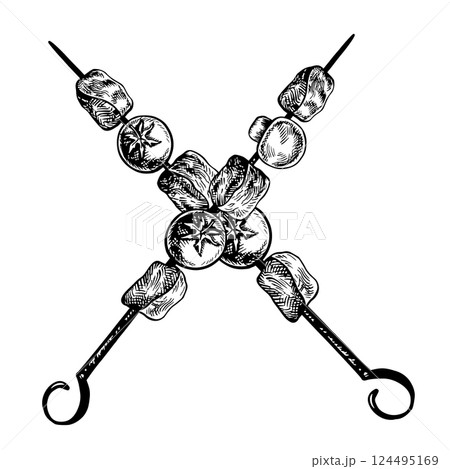 Kebab. Barbecue meat on a spit. Vector graphics depicting fried pieces of meat with vegetables. A hand-drawn black-and-white illustration of a dish. On a white background. For menus or labels. Kebab. Barbecue meat on a spit. Vector graphics depicting fried pieces of meat with vegetables. A hand-drawn black-and-white illustration of a dish. On a white background. For menus or labels. 124495169