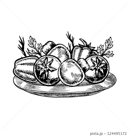 Vegetables on a tray, peppers, tomatoes, garlic and mushrooms. Vector graphics. Hand-drawn black and white illustrations. On a white background. For menus, posters, or labels, recipes and packages. 124495172