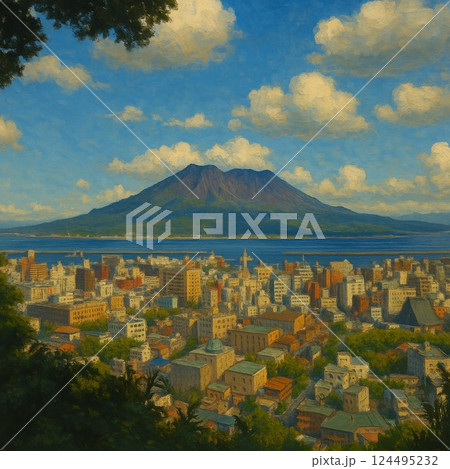 鹿児島市と桜島を望む晴れた日の風景｜南国の都市と火山の共存 124495232