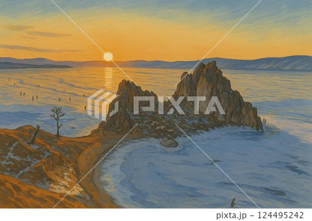 冬のバイカル湖とシャーマン岩の夕景 124495242