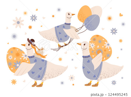 Easter geese, decorated eggs and festive spring flowers. Christian celebration. Cute and cheerful spring set with Easter cartoon geese in different poses. Vector flat children's illustration. Easter geese, decorated eggs and festive spring flowers. Christian celebration. Cute and cheerful spring set with Easter cartoon geese in different poses. Vector flat children's illustration. 124495245