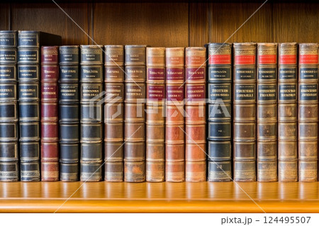 many books on a shelf in a library 124495507