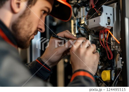 Repairman fixing a broken electric boiler or furnace Repairman fixing a broken electric boiler or furnace 124495515