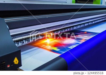 wide digital inkjet printing machine during printing on a1 paper 124495518