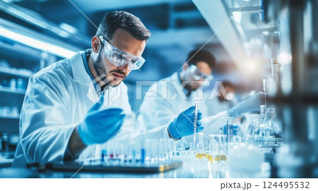 lab worker in a medical lab coat with test tubes 124495532