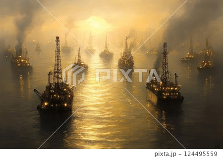 gas rigs on the plain, beautiful lighting gas rigs on the plain, beautiful lighting 124495559