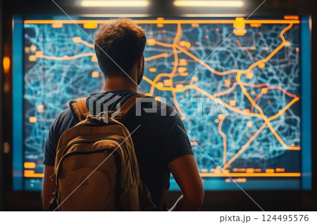 Man looks at the interactive map with gps routes laid out in the form of glowing lines 124495576