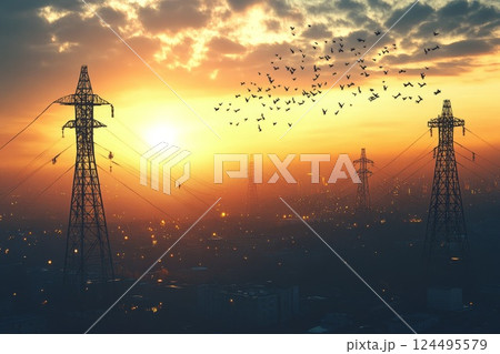 high voltage power lines at sunset 124495579