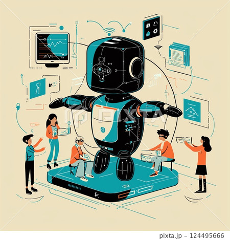 Engaging Diverse Kids and Young Adults with Friendly AI Robots in a Colorful Minimalist Illustration 124495666