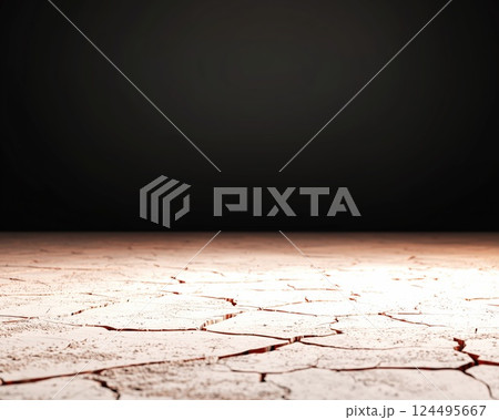 Close Up of Cracked Earth in Drought Stricken Desert Deep Shadows Highlighting Raw Organic Textures 124495667