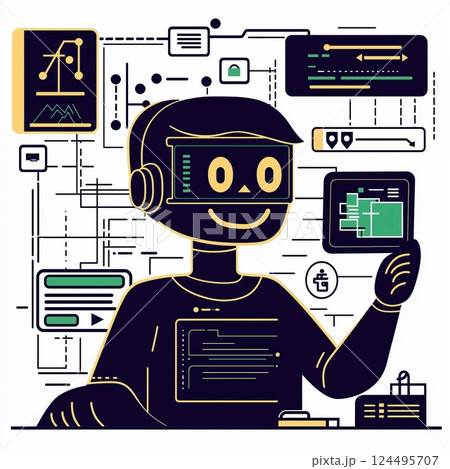 Friendly AI Assistant with Smiling Face Surrounded by SaaS Tool Icons in Cartoonish Pastel Style 124495707