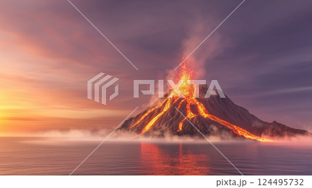 Stunning Panoramic View of Volcanic Island Formation Black Rock Cooling Molten Lava and Glowing Embers 124495732