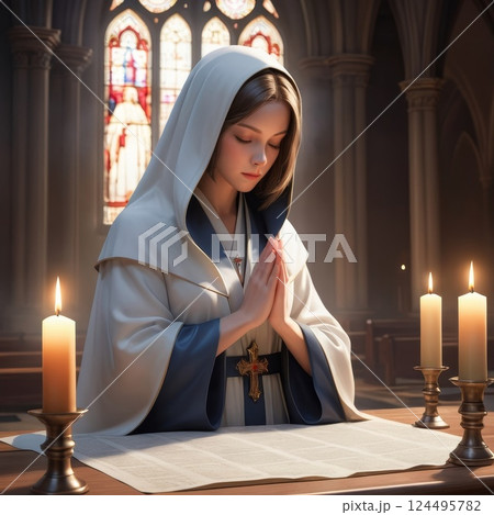 A girl folds her hands in prayer in a church with burning candles in the background 124495782