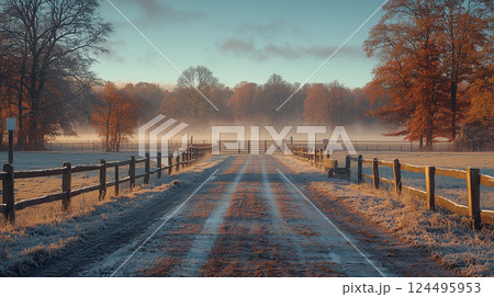 Entrance to a farm affected by a foot-and-mouth disease outbreak. Created with Generative AI technology. 124495953