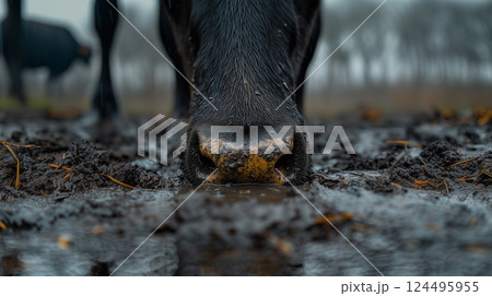 Cow standing in pen on farm during foot-and-mouth disease outbreak. created with Generative AI technology. 124495955
