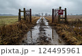 Entrance to a farm affected by a foot-and-mouth disease outbreak. Created with a Generative AI technology. 124495961