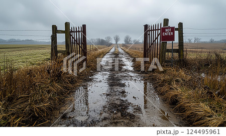 Entrance to a farm affected by a foot-and-mouth disease outbreak. Created with a Generative AI technology. 124495961