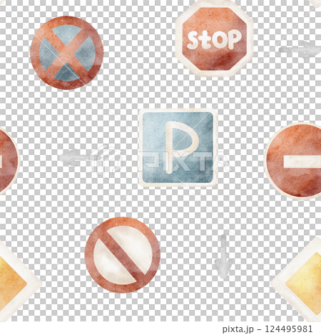 Watercolor pattern city road signs, car parking, stop entry. Seamless print children's cartoon style. Illustration on isolated background for design, fabric, clothes, textile packaging cards printing 124495981