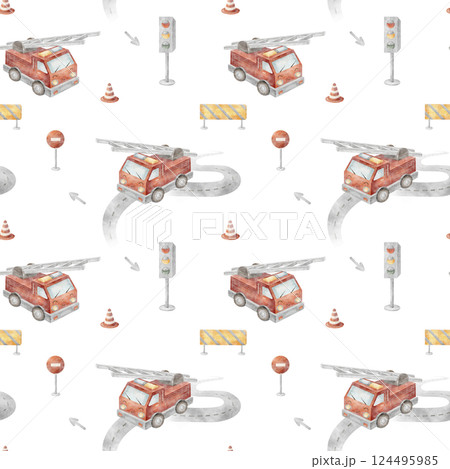 Seamless pattern fire rescue car, transport red. Watercolor children's illustration road, signs on isolated white background for textile design, fabric, packaging, printing, wallpaper, baby clothes 124495985