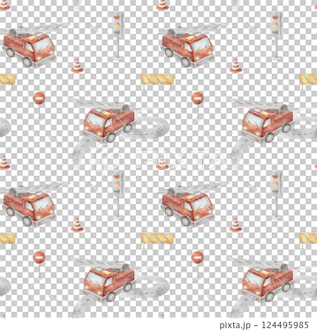 Seamless pattern fire rescue car, transport red. Watercolor children's illustration road, signs on isolated white background for textile design, fabric, packaging, printing, wallpaper, baby clothes 124495985