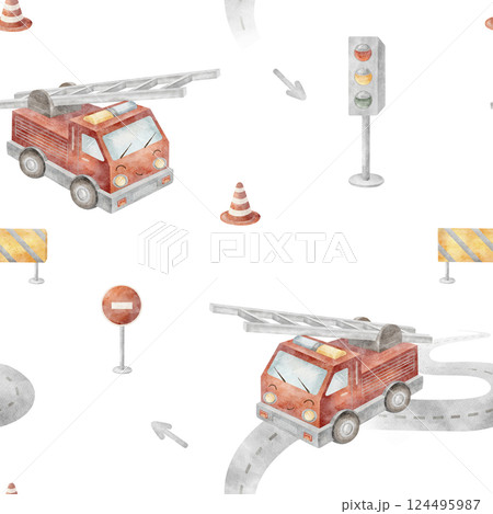 Pattern watercolor fire car, traffic light, road signs. Seamless print children's transport cartoon style. Illustration on background for design, fabric, baby clothes textile packaging cards wallpaper 124495987
