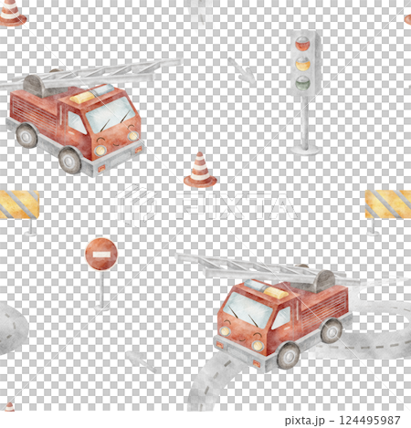 Pattern watercolor fire car, traffic light, road signs. Seamless print children's transport cartoon style. Illustration on background for design, fabric, baby clothes textile packaging cards wallpaper 124495987